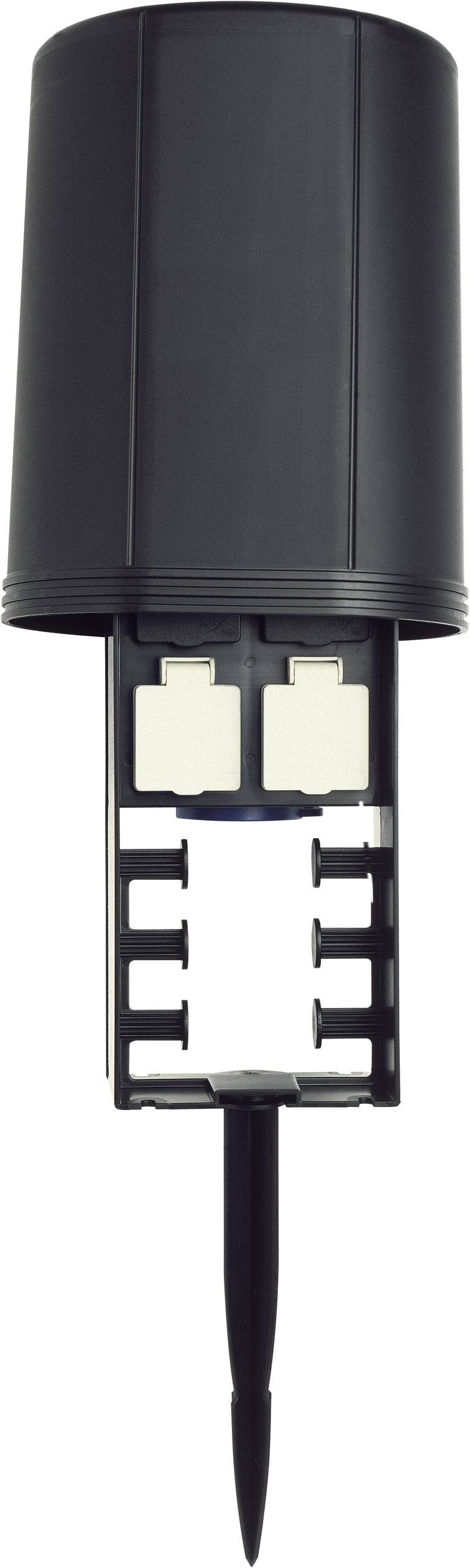 A black cylindrical casing with a plastic construction beneath it, presumably part of an electronic or technical device.
