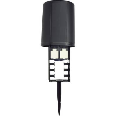 A black cylindrical casing with a plastic construction beneath it, presumably part of an electronic or technical device.