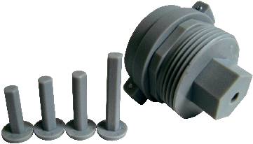 Grey plastic component with a round thread and four rods. Likely a mechanical connecting element.