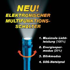 'Torch with electronic multi-function switch. Functions: Maximum light output, energy-saving mode, strobe mode, SOS emergency signal.'
