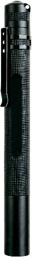 Black aluminium torch with textured surface and belt clip. Standing upright.