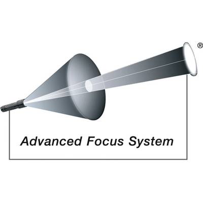 Diagram shows the 'Advanced Focus System': A light beam that can be adjusted from narrow to wide, projecting focused light.