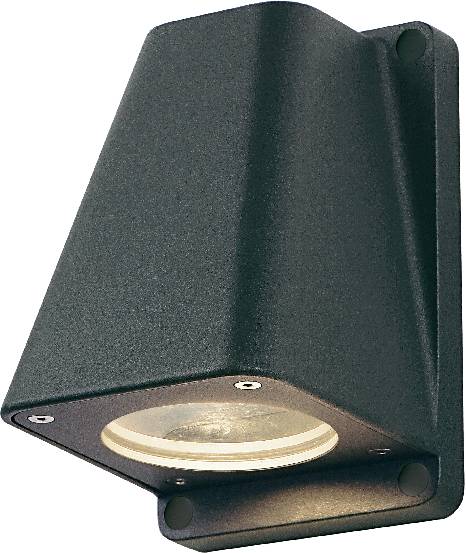 Metal wall light with an angled housing for accent lighting. It is finished in a dark colour and has a round light aperture facing downwards.