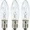 Three clear light bulbs with E14 bayonet caps arranged in a row, showing details of the filament and switched on.