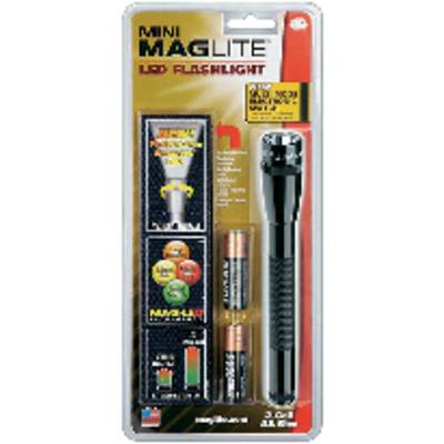 Packaging for a Mini Maglite LED Torch with two batteries. Contains information about the product's durability and brightness.