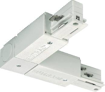 Two white connector plugs with visible screws and brand printing. They are designed for connecting electrical rails.