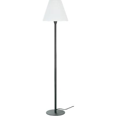 Floor lamp with a black base and white lampshade, standing on a round pedestal.
