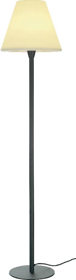Standing, modern floor lamp with a black stand and a cream-coloured lampshade on a round base with power cable.