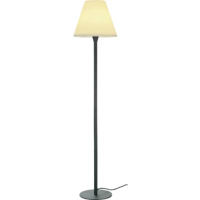 Standing, modern floor lamp with a black stand and a cream-coloured lampshade on a round base with power cable.