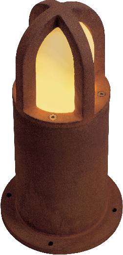 Rust-coloured garden lamp with decorative, arched design and warm illumination, suitable for outdoor areas.