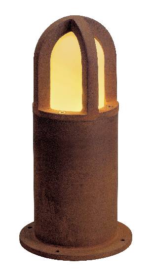 A rustic, upward-facing outdoor light made of metal that emits warm light. Ideal for garden or courtyard lighting.