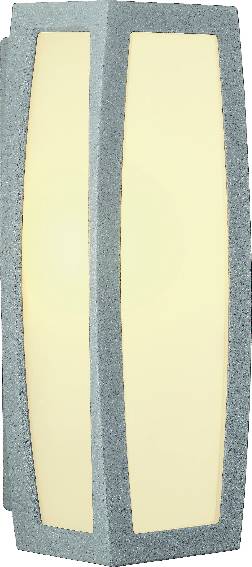 A modern-designed outdoor light with a rectangular, curved frame and a central, illuminating surface made of frosted glass.