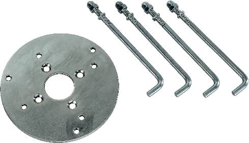 Metal plate with a central hole and several outer holes, alongside four angled metal rods, potentially components for an assembly.