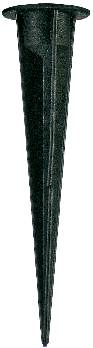 A black, elongated ground stake. Commonly used for securing landscape fabric or netting in the ground.