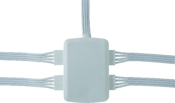 A black electronic device with multiple cables connected in various directions, presumably a hub.