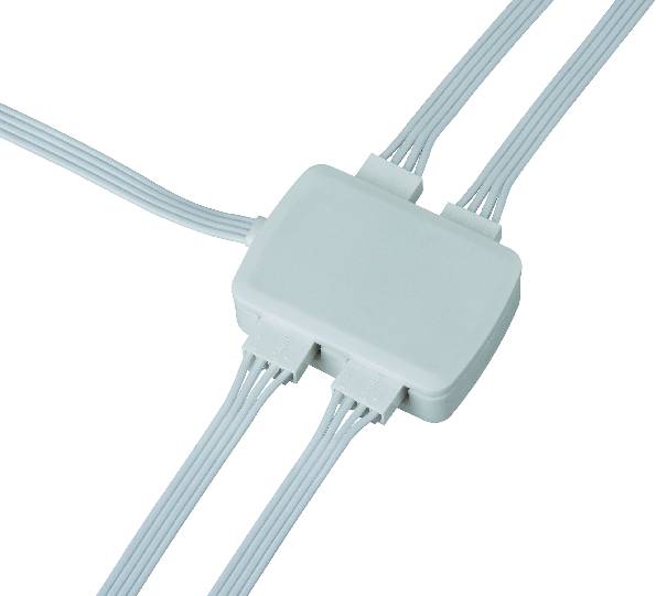 Black and light blue cable strands converge at a central, square junction point, arranged symmetrically.