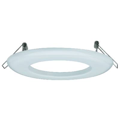 A round, white ceiling light base with metal mounting brackets on both sides for attachment.