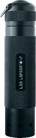 Black, cylindrical LED torch with textured grip and 'LED LENSER' inscription.