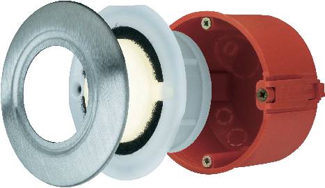Exploded diagram of a power socket with cover plate, sealing ring, housing, and mounting screws.