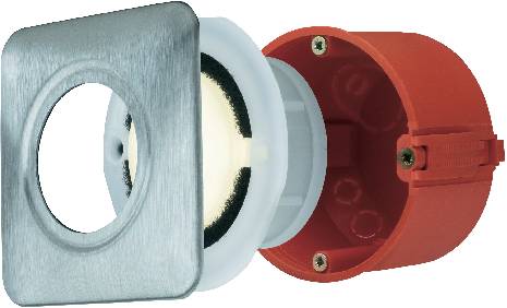 An exploded view diagram of a circular wall socket with cover plate, seal, and mounting components.