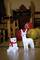 A luminous polar bear and a reindeer wearing a red scarf stand on a carpet in a festively decorated room with balloons in the background.