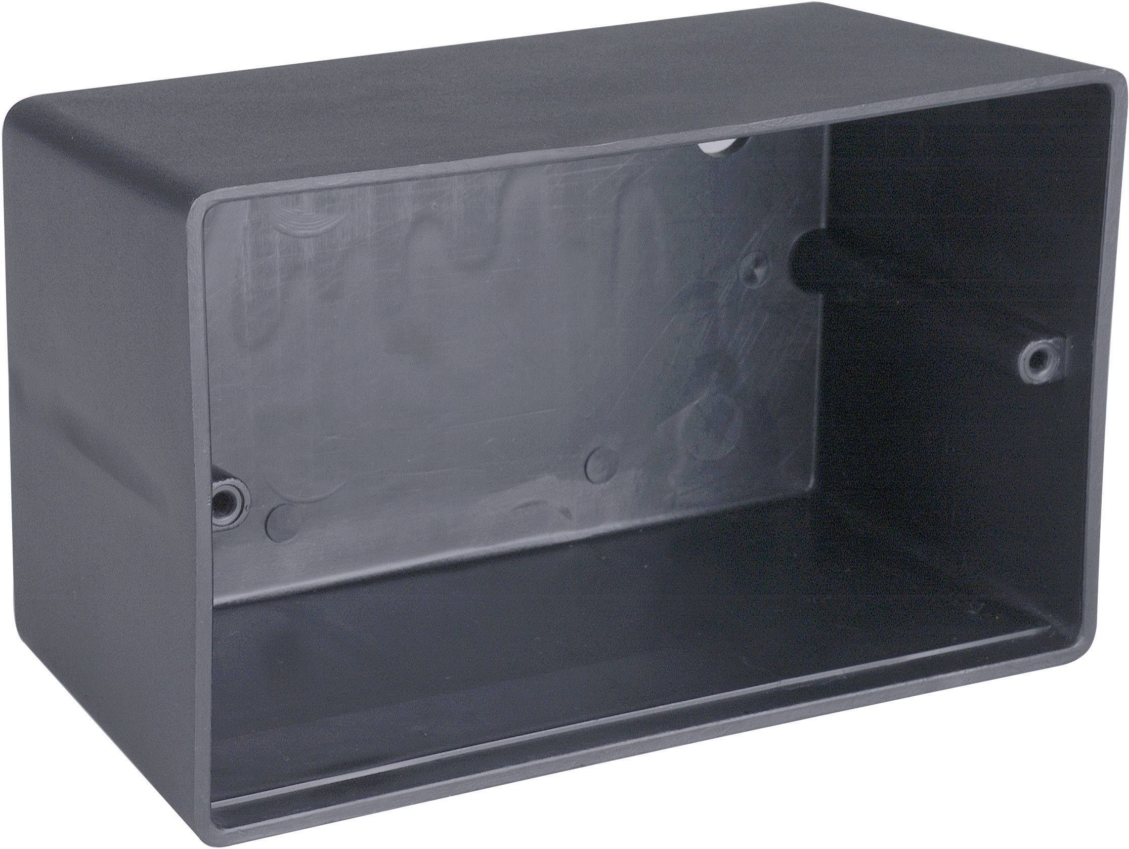 Black rectangular plastic enclosure with an open front section and mounting holes. Suitable for electronic devices.