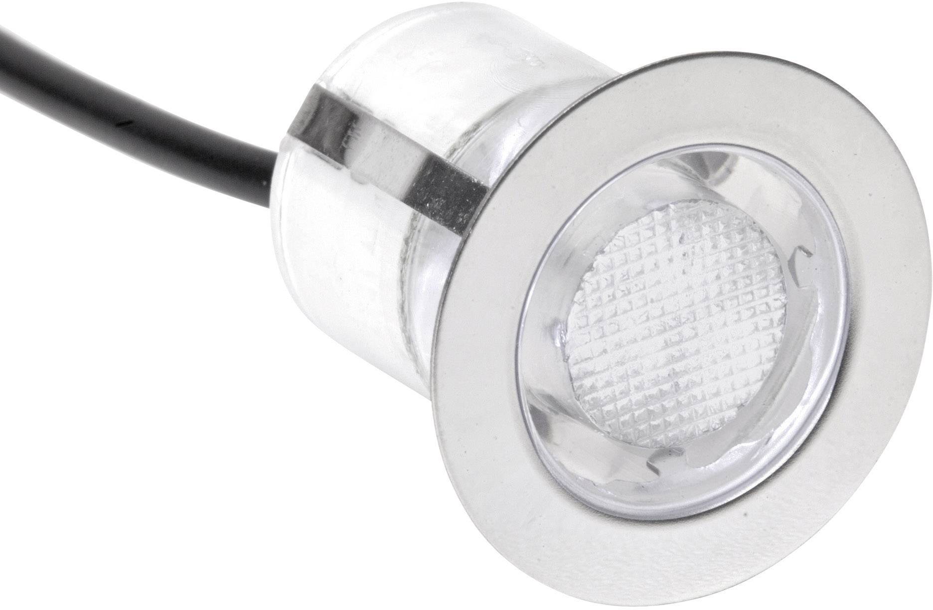 A round LED spotlight with a silver rim and glass cover, connected to a black cable. Suitable for ceiling installation.