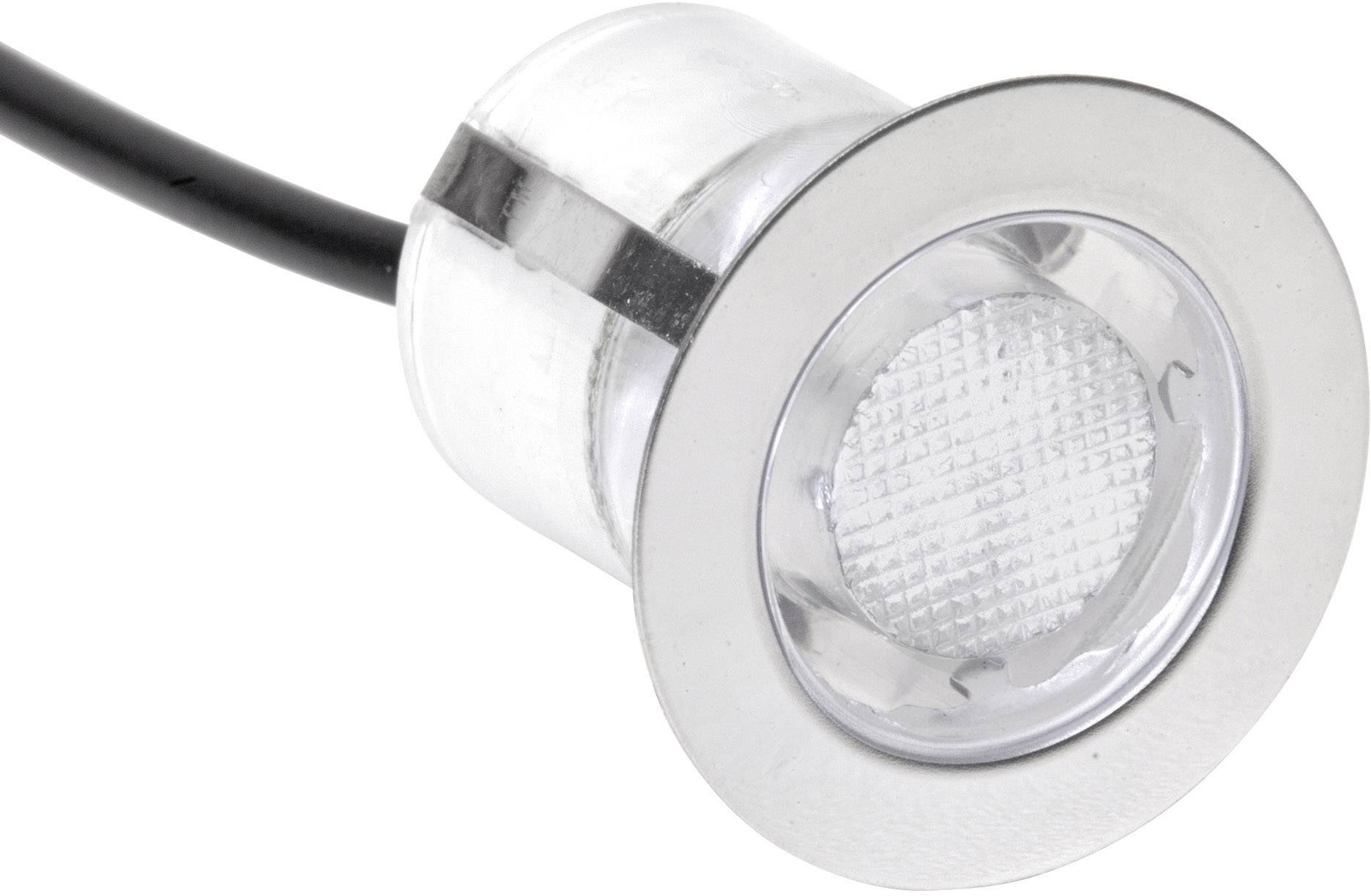 A round, silver LED spotlight with a short, black cable. The spotlight has a glass-like cover and is suitable for recessed lighting.