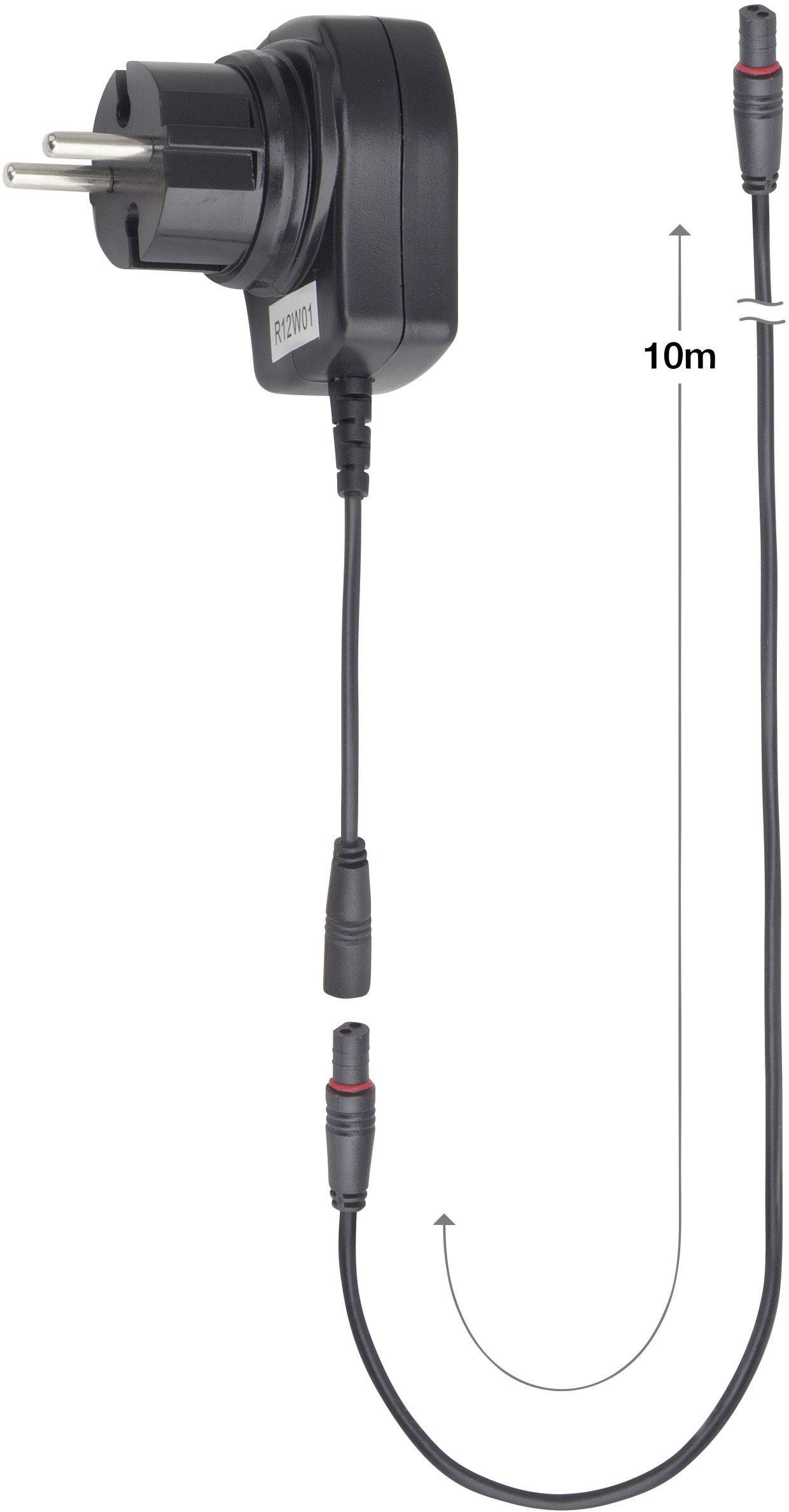 Black power supply with 10 m long cable and European plug. A plug is located at the cable end. Suitable for indoor use.