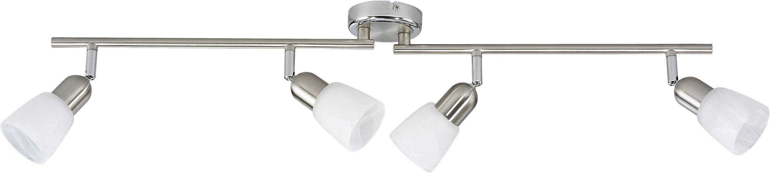 A contemporary, adjustable ceiling light with four white lampshades and a silver metal frame. Perfect for illuminating large spaces.