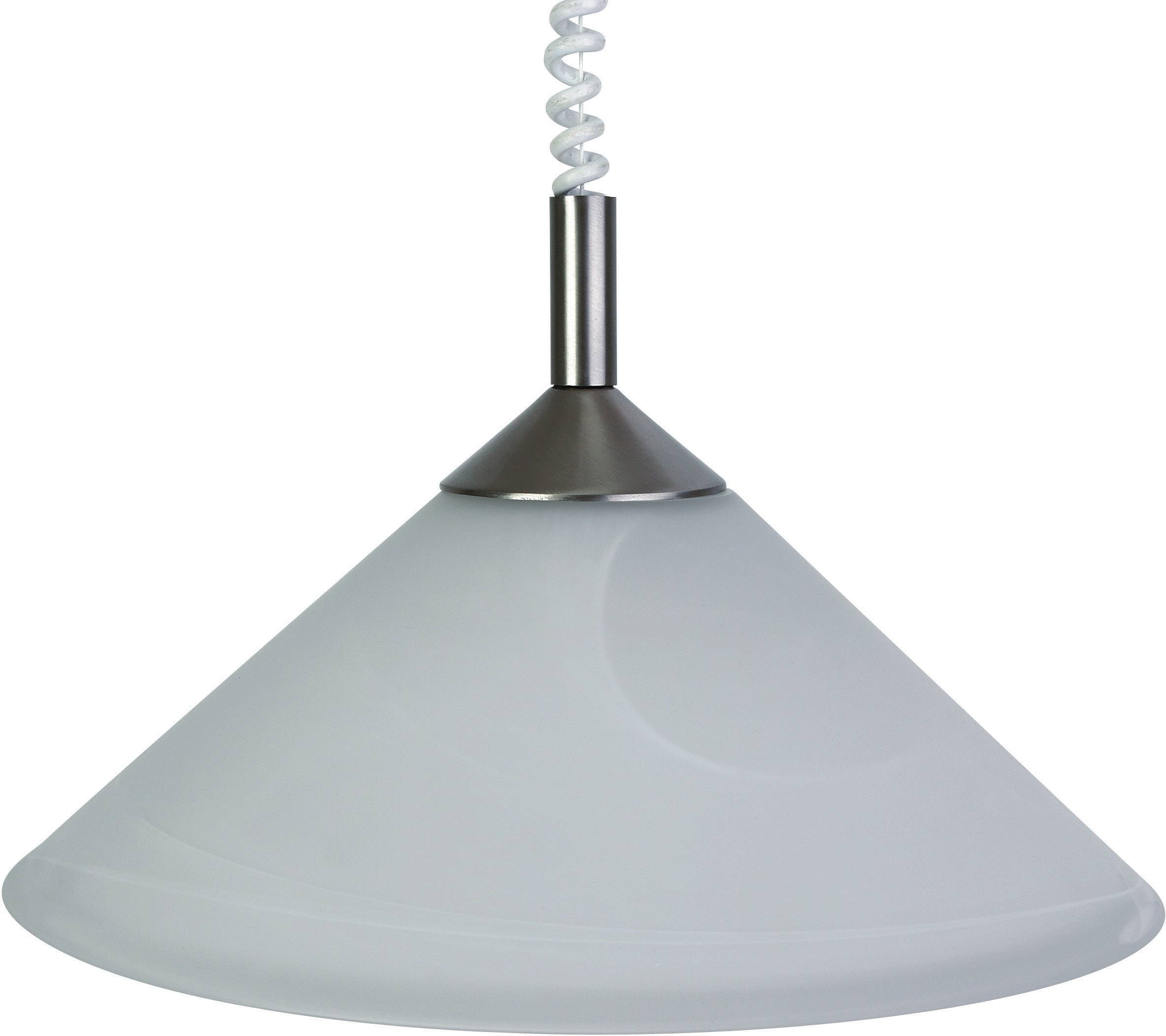 A white, cone-shaped ceiling light with a metal mounting is hanging from a spiral-shaped cable.