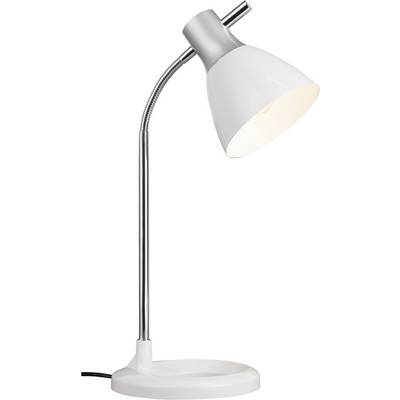 White desk lamp with flexible neck and metallic base, illuminating downwards. Perfect for reading or working.