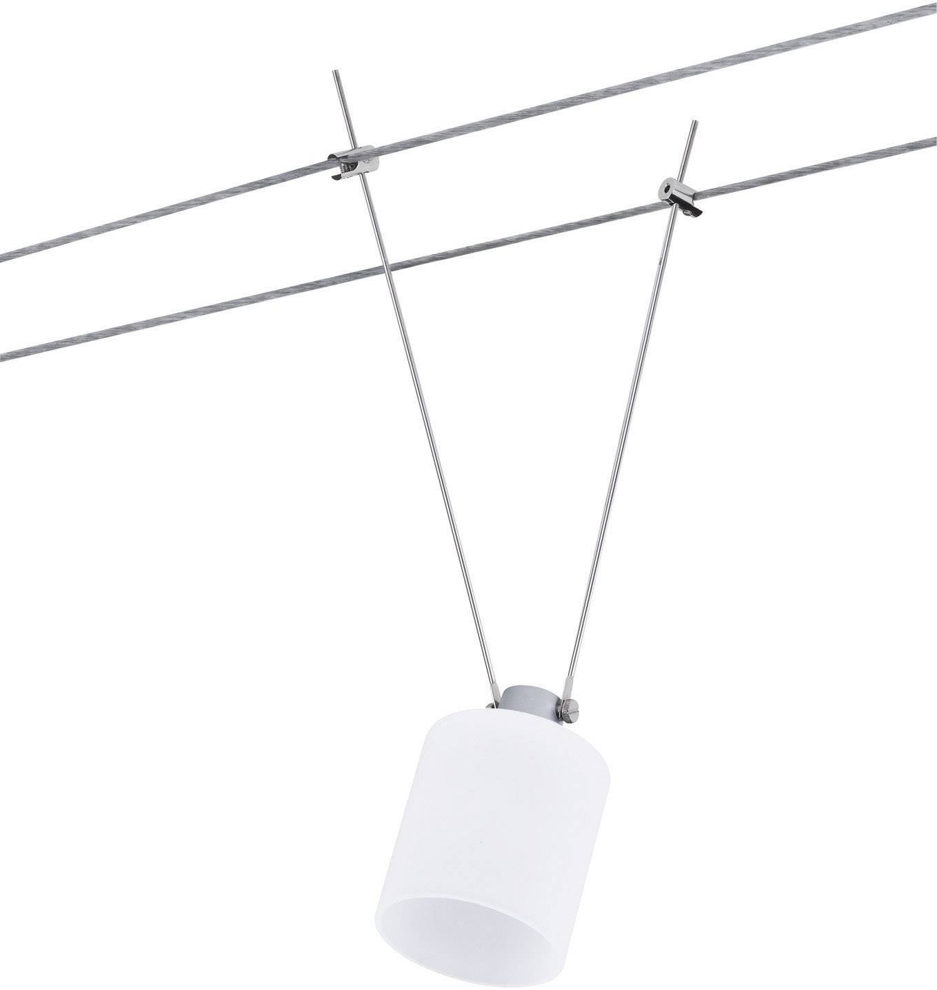 White pendant light on a wire cable system, minimalist design, suitable for modern interior spaces.