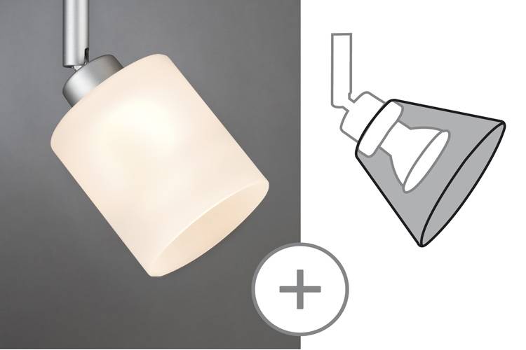 Ceiling spotlight with a cylindrical, matte glass shade, positioned on the left, alongside a schematic image of the same light and a plus sign.