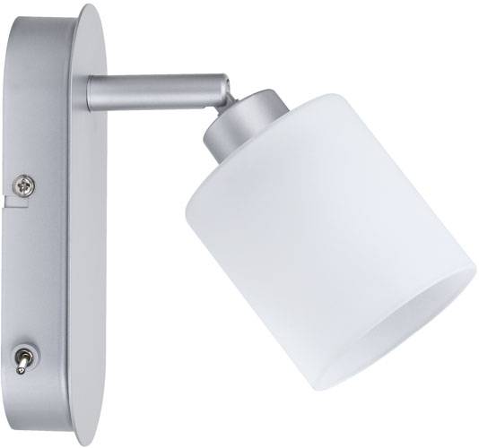 Silver wall lamp with adjustable, frosted lampshade. Wall-mounted with switch. Modern design for living spaces.