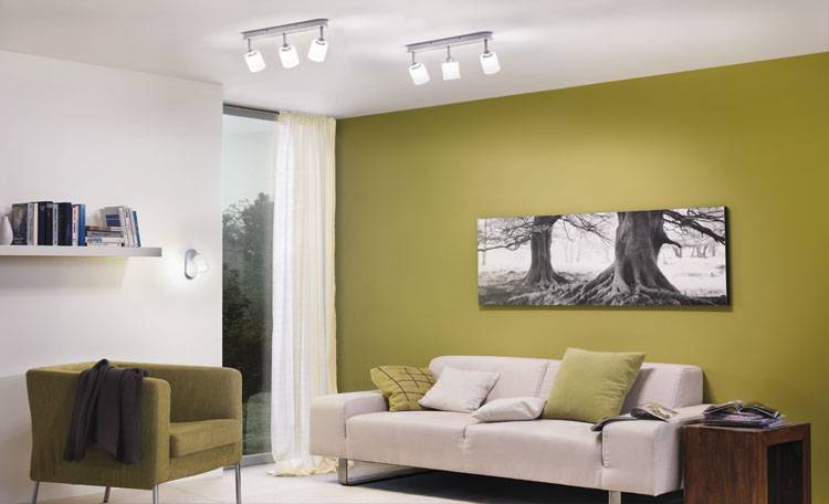 Bright living room with a green wall, white sofa, green armchair and tree photograph on the wall. Modern ceiling lighting.