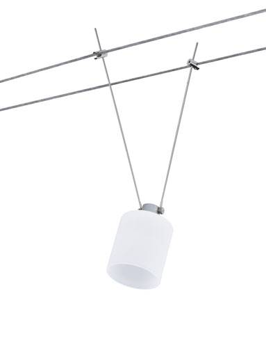 A white pendant lamp is suspended from two parallel metal cables.