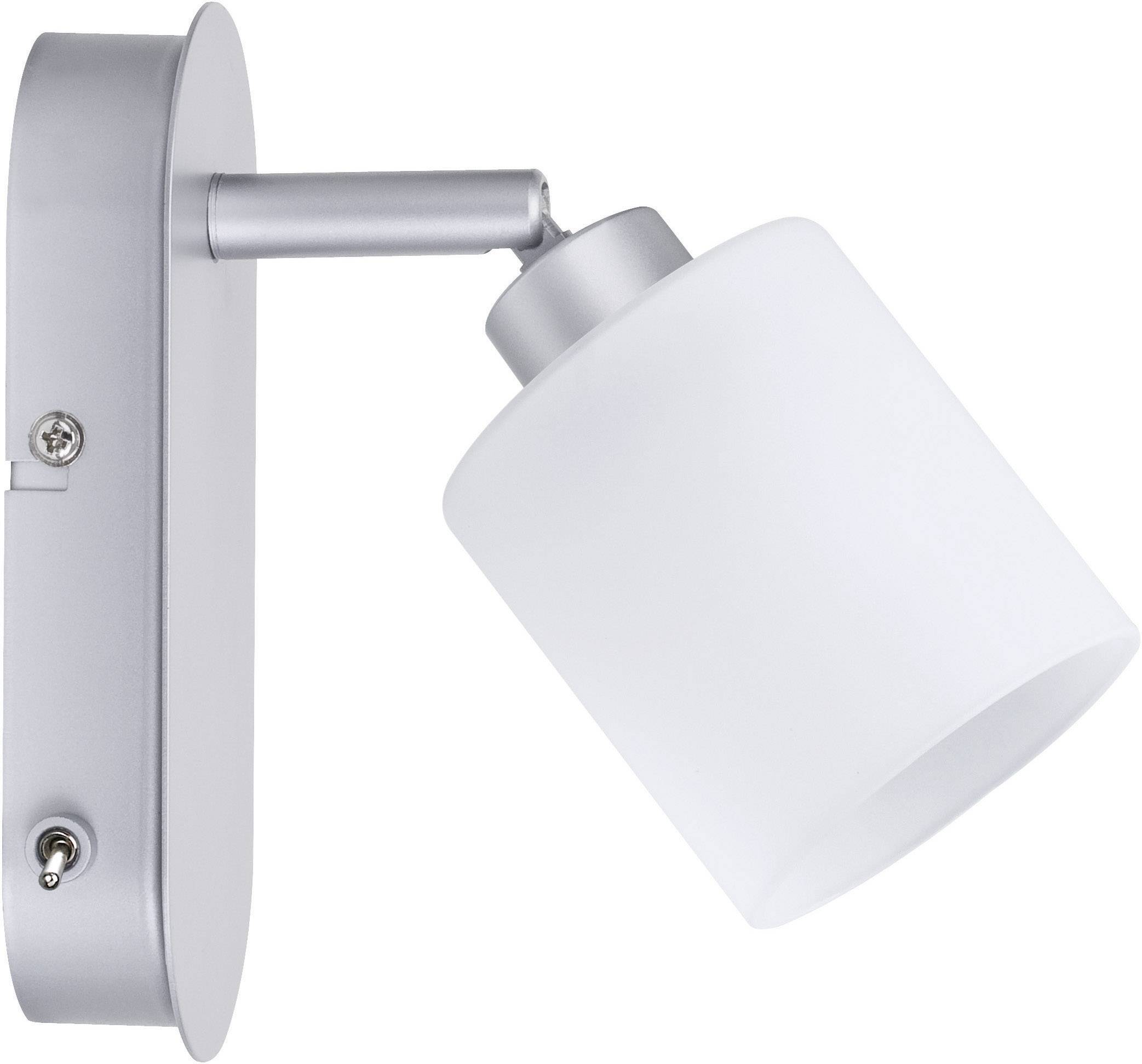 Silver wall lamp with a white, cylindrical lampshade and a toggle switch at the base.