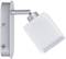 A silver wall light with a swivelling, rectangular, white lampshade. It has a small switch on the side.