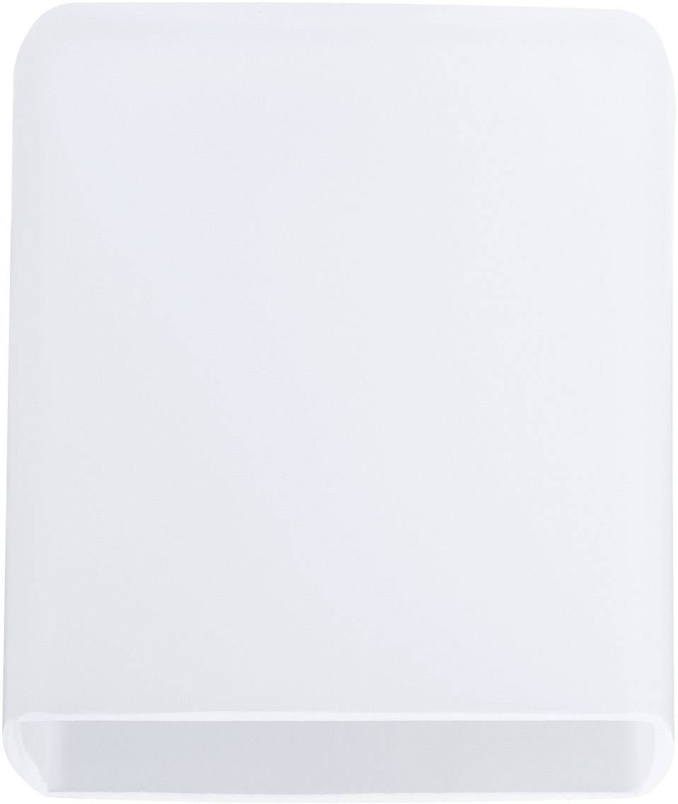 A white, rectangular plastic paper towel dispenser, wall-mounted, with a narrow opening at the bottom for dispensing.