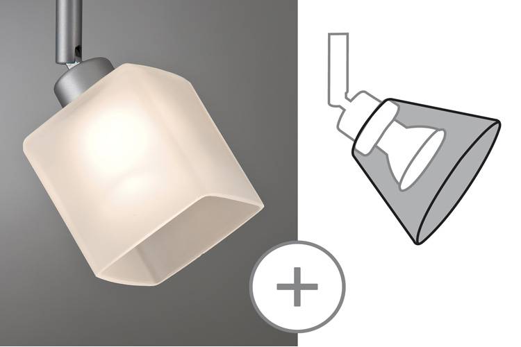 A square, white ceiling lamp on the left. Next to it on the right, a schematic black and white drawing of the same lamp with a '+' symbol.