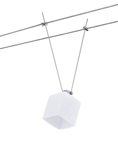 A square, white lampshade hangs from a wire cable, suitable for modern interior spaces.