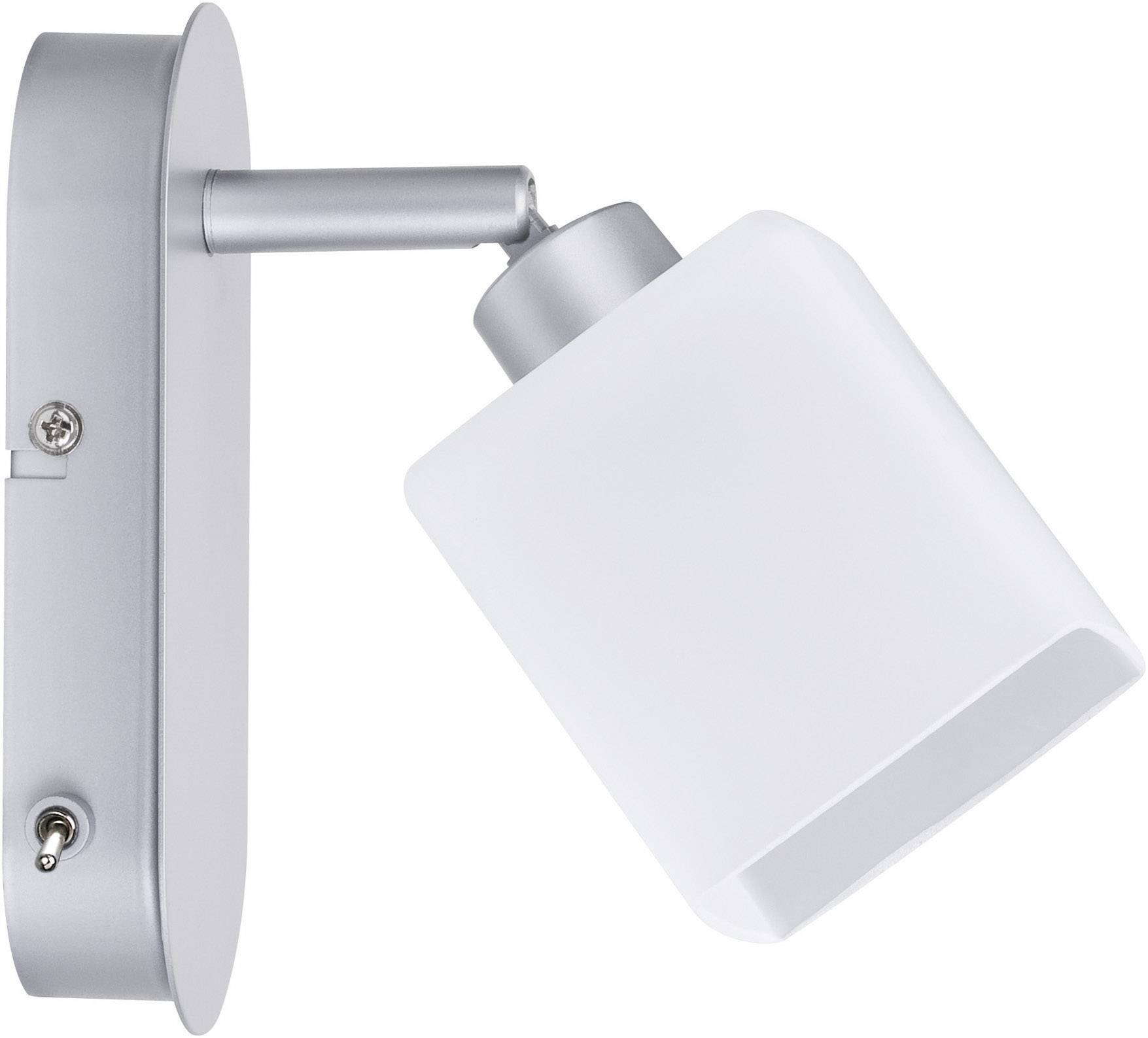 A silver wall light with a pivoting, frosted glass lampshade. Ideal for targeted lighting in interior spaces.