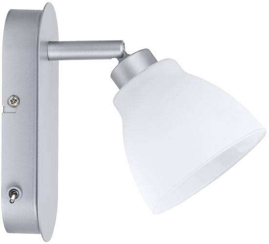 Silver wall lamp with a white, bell-shaped lampshade and a switch on the side.