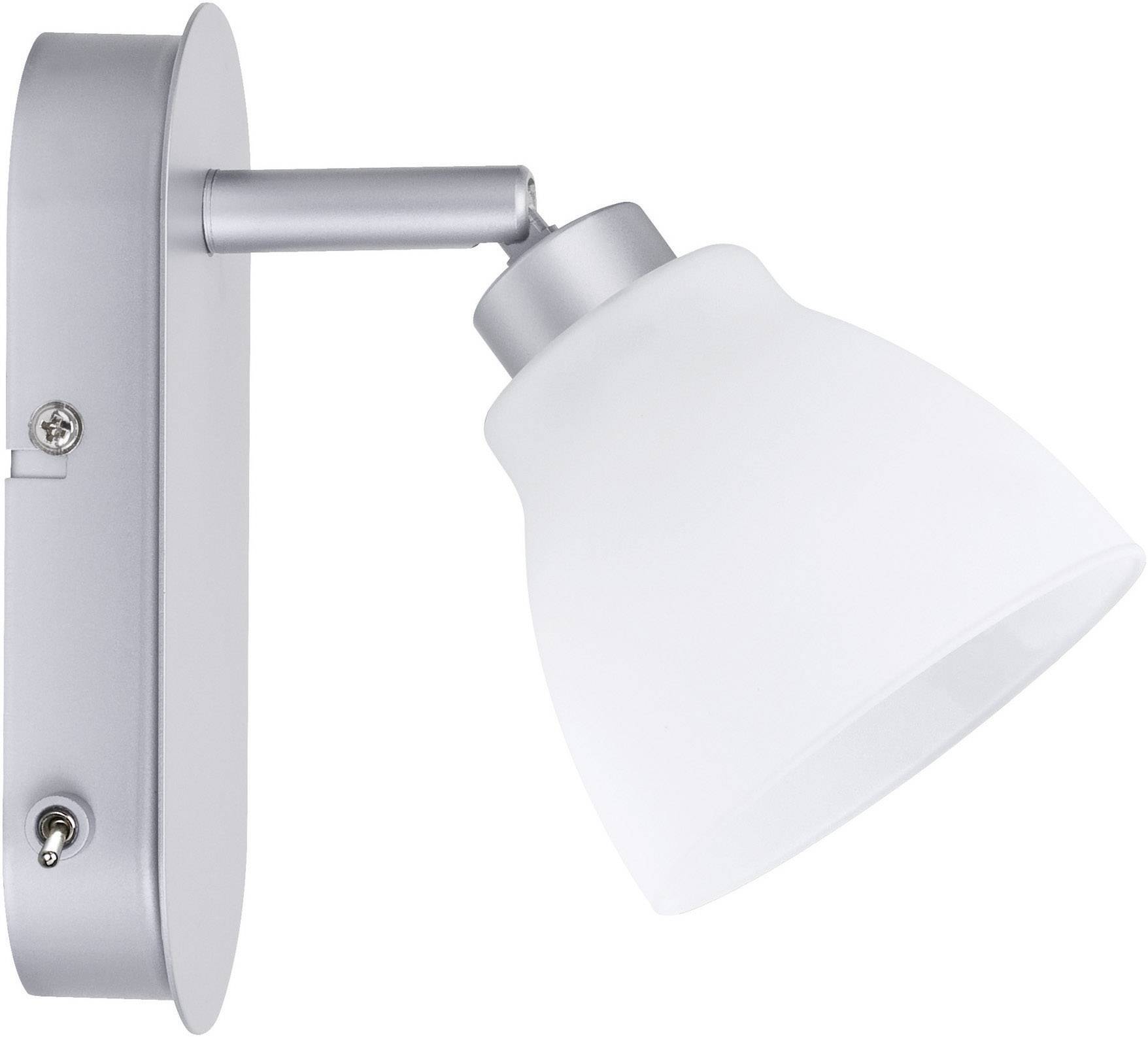 A silver wall light with a white glass lampshade and switch, for illuminating interior spaces.