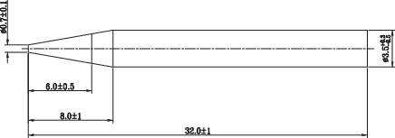 Technical drawing of an elongated metal component with precise dimensional specifications in millimetres. Scale and angles are depicted in detail.