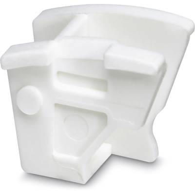 A white, injection-moulded plastic component with multiple recesses and protrusions that could have a technical or mechanical function.