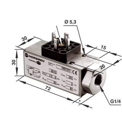 Metal switch with dimensions: Length 72 mm, Width 30 mm, Height 30 mm, Connection G1/4. Maximum 250 V, 6 A.