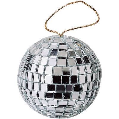 Mirrored disco ball with square mirror pieces, suspended on a string. Suitable for decoration or party effects.