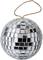 Mirrored disco ball with square mirror pieces, suspended on a string. Suitable for decoration or party effects.